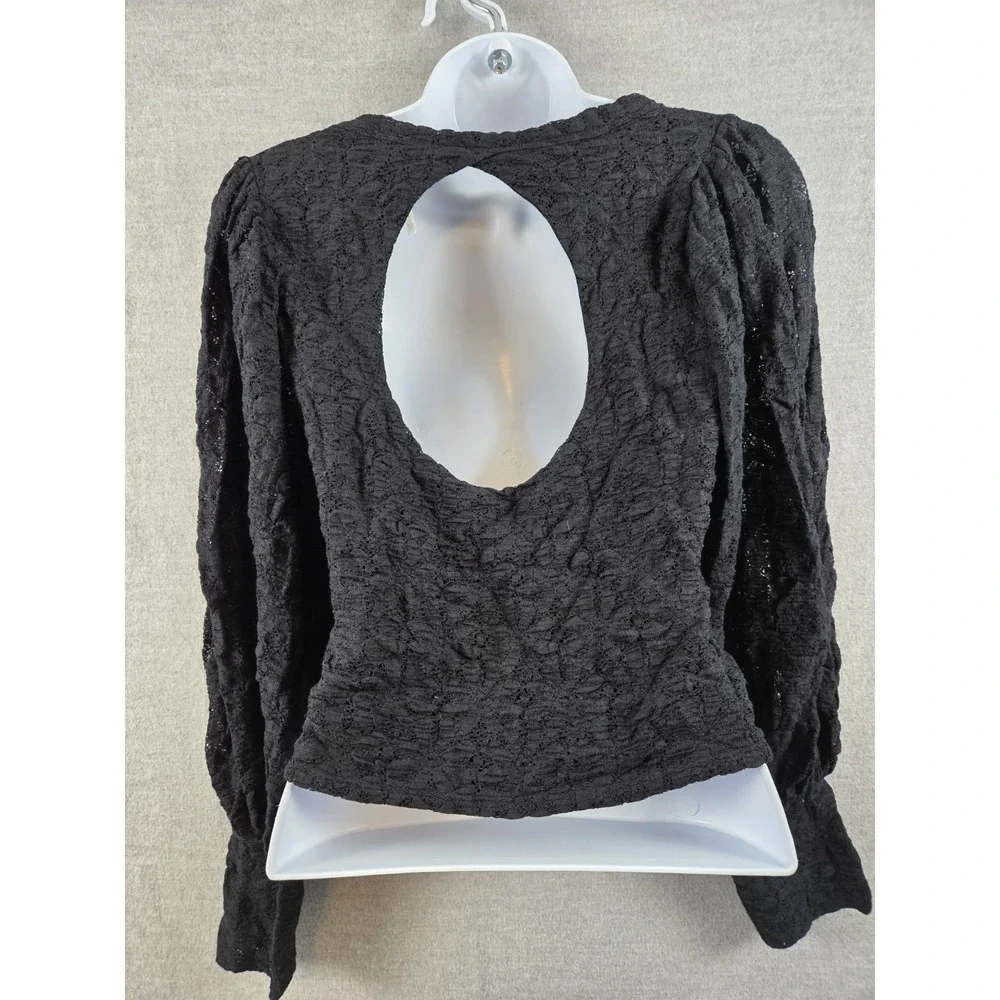 FREE PEOPLE Balloon‎ Sleeve Lace Top Womens L Black Whimsigoth Vamp Open Back